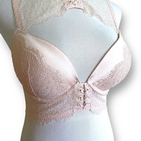 Victorias Secret Very Sexy Push Up Bra 32D Ballet Pink Lace High Neck Longline - Picture 4 of 9